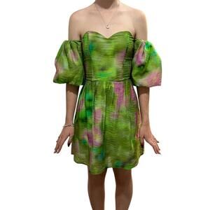 NWT, H&M Green Strapless Puff Sleeve Dress, Size Small